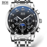 2016 mens watches top brand luxury BOS Three dial work stainless steel Moon Phase Waterproof Luminous men's watches quartz-watch