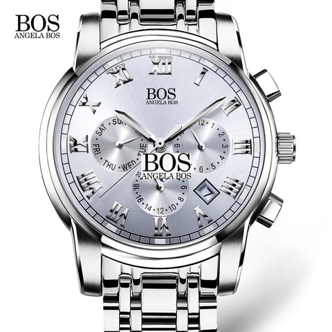 2016 mens watches top brand luxury BOS Three dial work stainless steel Moon Phase Waterproof Luminous men's watches quartz-watch