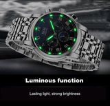 2016 mens watches top brand luxury BOS Three dial work stainless steel Moon Phase Waterproof Luminous men's watches quartz-watch
